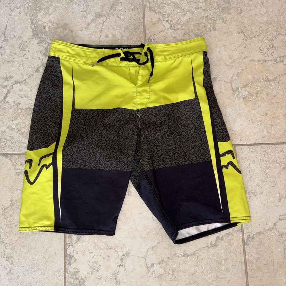 Fox Racing Men's Board Shorts Swim Trunks Size 32 Neon Yellow Grey MX SX Racing